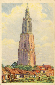 13178 Gezicht op de Onze Lieve Vrouwetoren te Amersfoort uit het oosten; met op de voorgrond de voorgevel van de huizen ...
